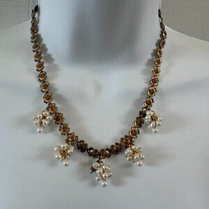 Janny Victorian Inspired Necklace with 5 Pearl Clusters and Brass Flowerets. 17"